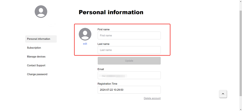 Alterar informações pessoais no TuneFab Account Center