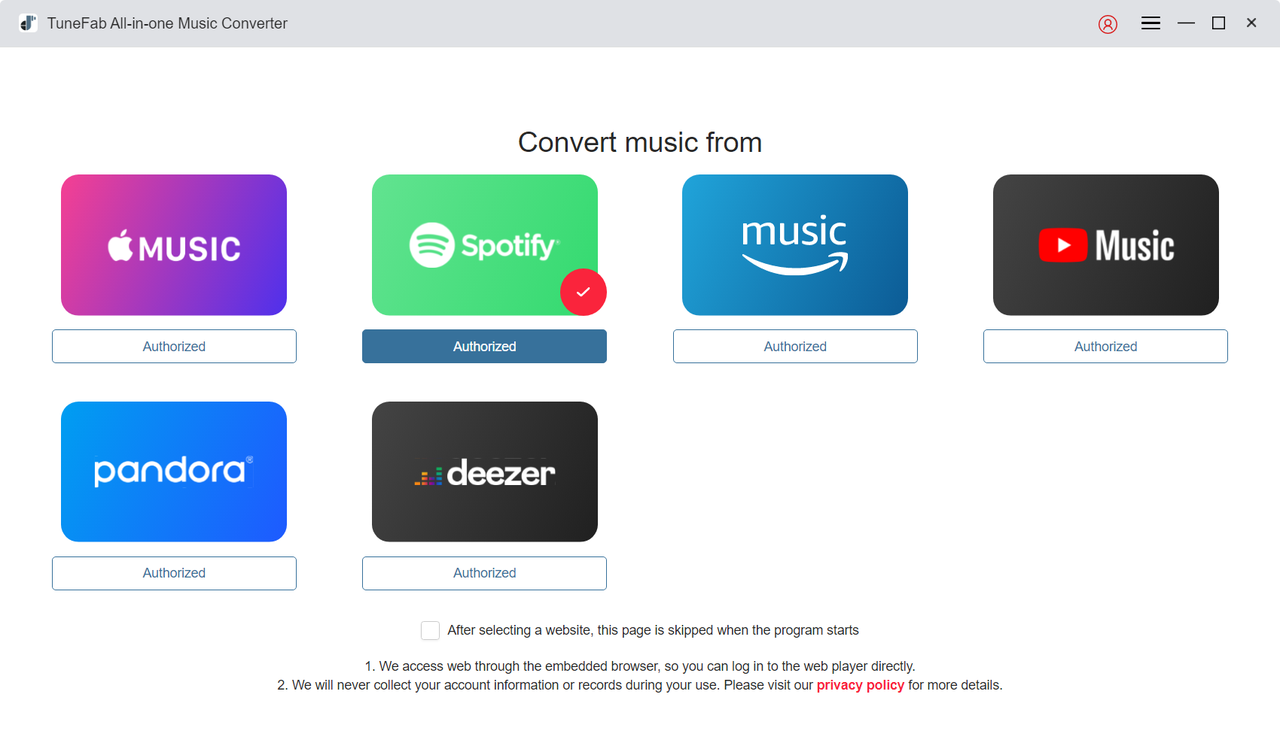 Selecione o serviço de música na interface AIO