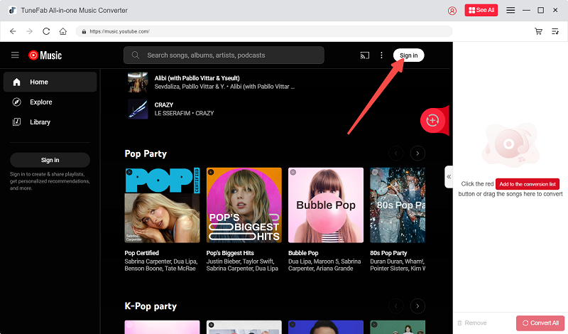 Faça login no YouTube Music no AIO Converter