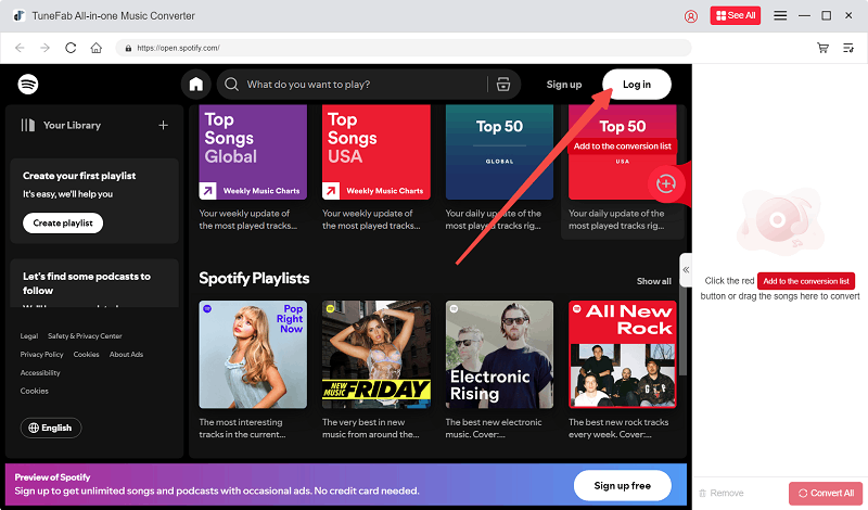 Faça login no Spotify Web Player no TuneFab