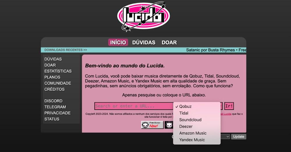 Lucida Selecionando o Serviço Spotify