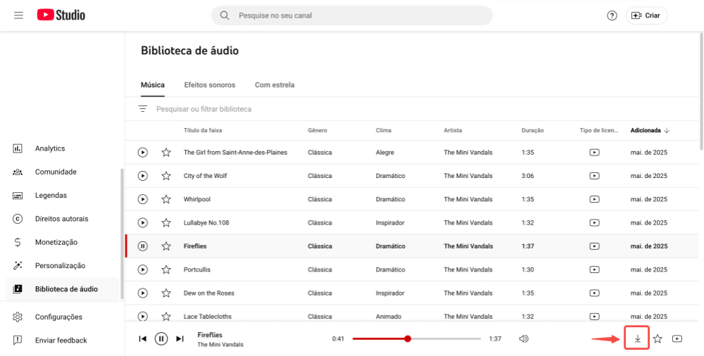 Baixar áudio do YouTube Studio