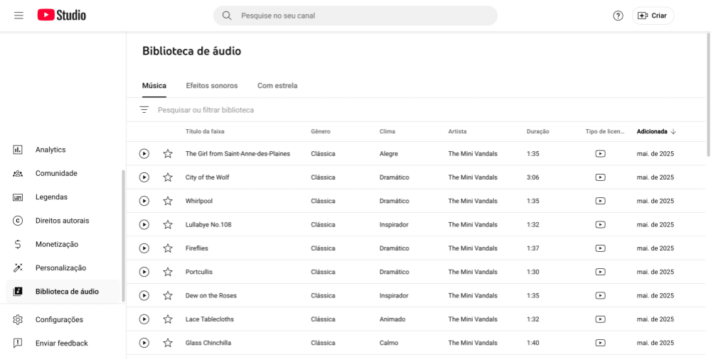 Biblioteca de músicas do YouTube Studio