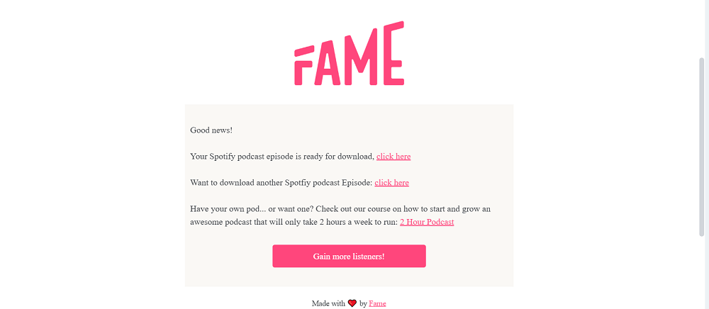 Verificar o e-mail do Fame com o link de download