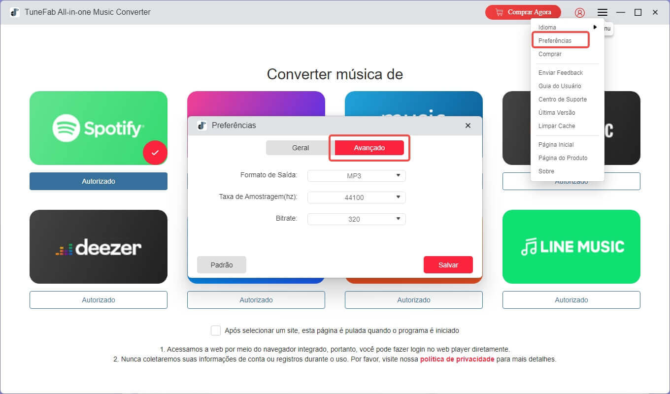 Definições de preferências