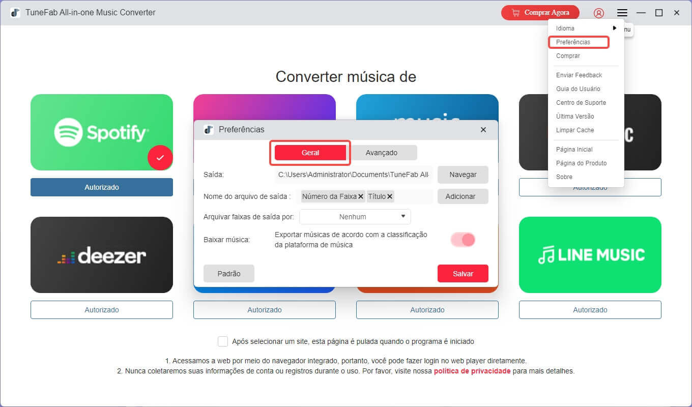 Configurações básicas no TuneFab All-in-One Music Converter