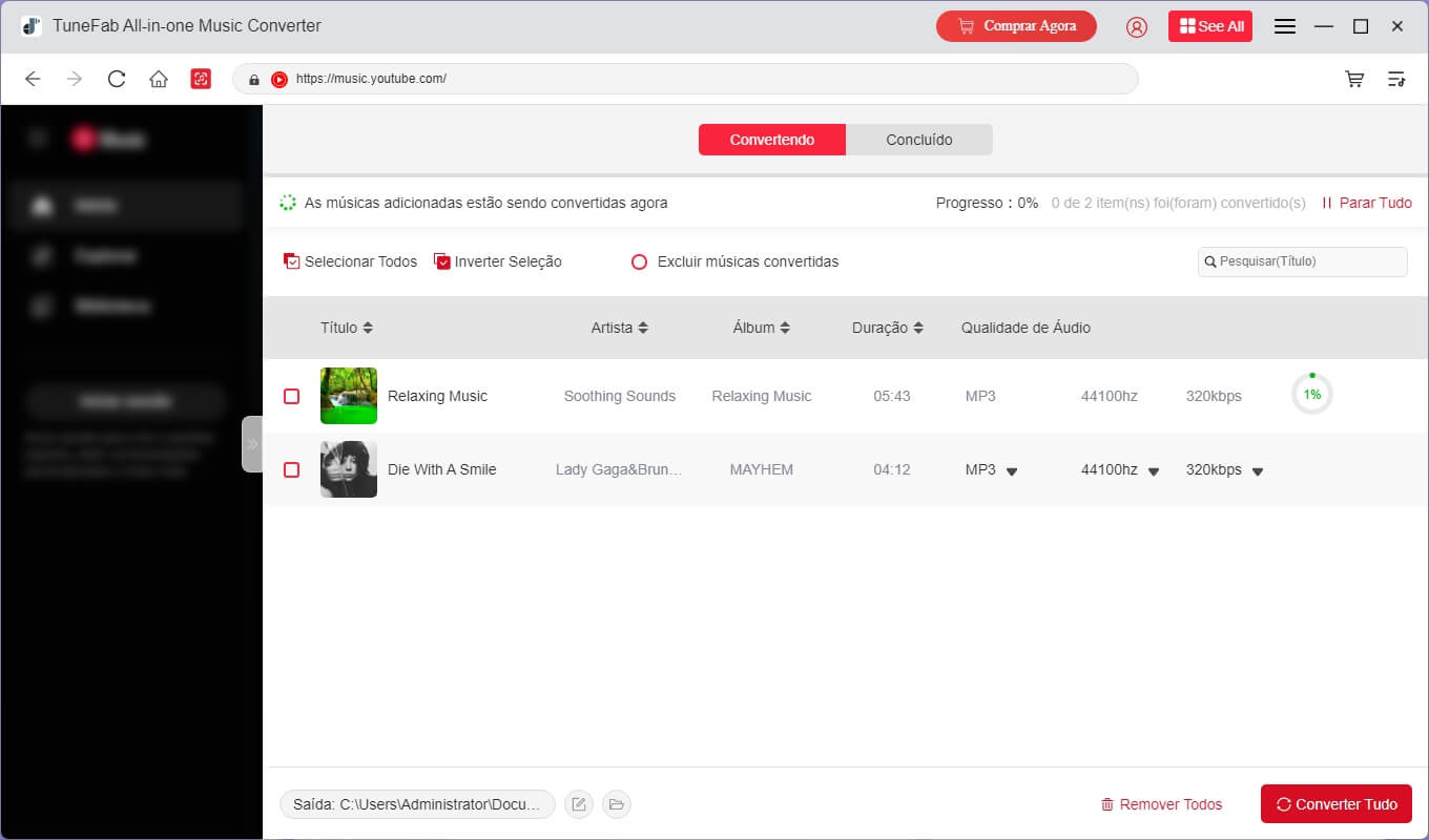 Conversão de músicas do YouTube Music em andamento