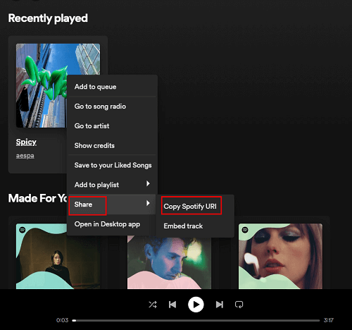 Copiar o URL do Spotify Music