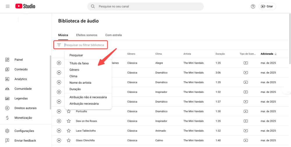 Escolha o tipo de música no YouTube Studio