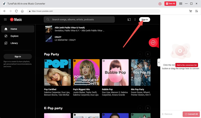 Fazer login na Biblioteca de Música do YouTube