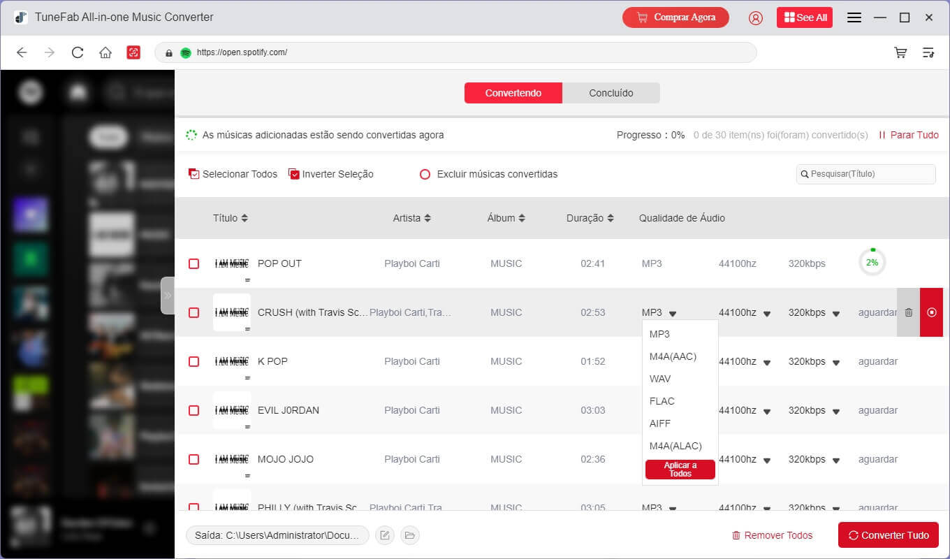 Selecionar formato de saída para músicas do Spotify
